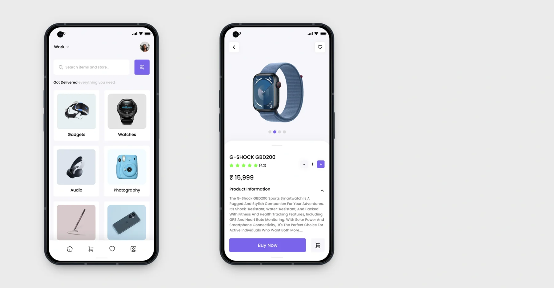 E-commerce app screens: home with product categories and a smartwatch product detail page